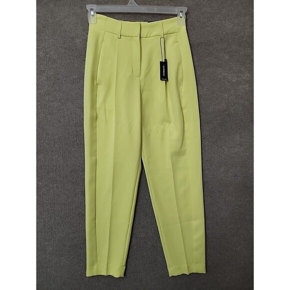 Express Editor Ankle Dress Pants Women 0 Lime Yellow Pleated Career Business NEW - Picture 1 of 10